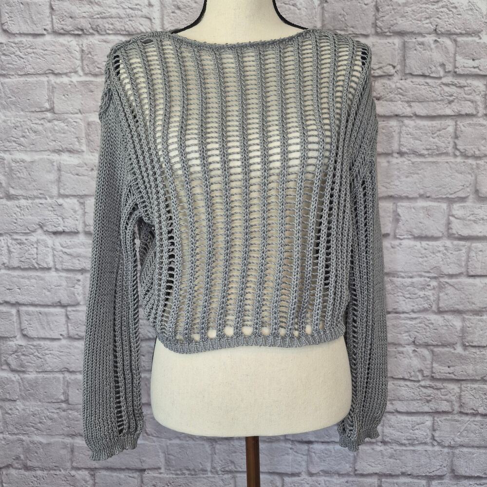 Miss Sparkling Sweater Grey Open Knit Crochet Crop Long Sleeve Women's Size S - Picture 3 of 10
